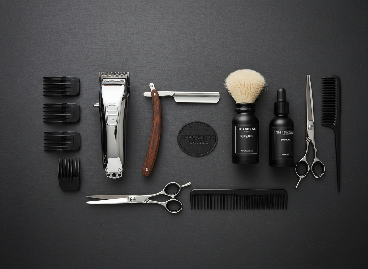 Clean, modern barbershop workspace branded for 'The Curious Barber': an overhead flat lay of neatly arranged professional barber tools on a matte dark work surface. Include chrome clippers, a straight razor, scissors, guards, combs, a soft brush, and a couple of minimalist labeled grooming products. Lighting is soft and even, with subtle shadows and a calm, premium feel. Photographic realism, no people, composition optimized for use as a website hero image.
